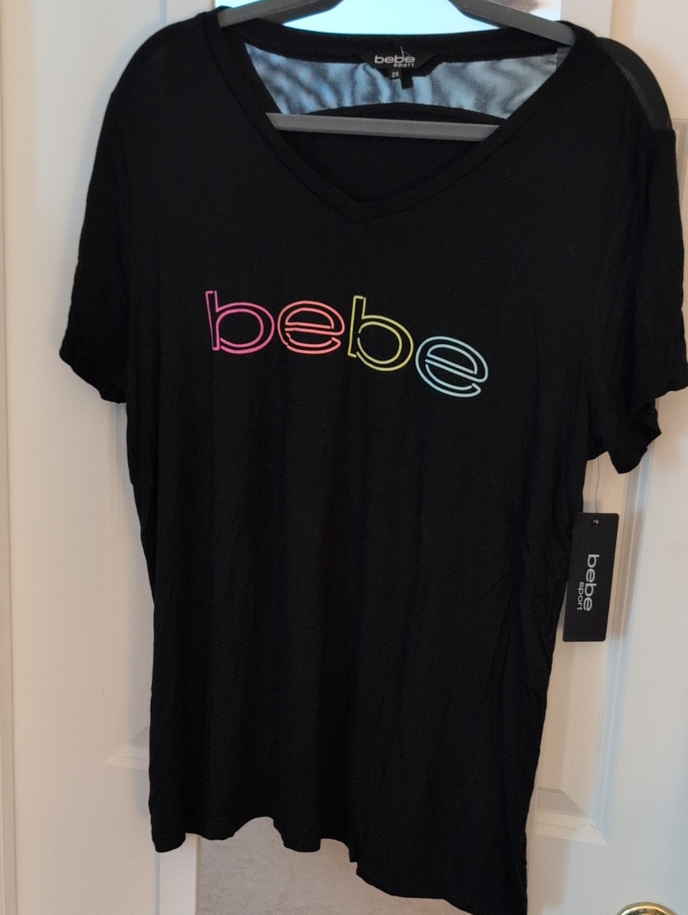 bebe Black V-Neck Tee with Neon Outline Logo